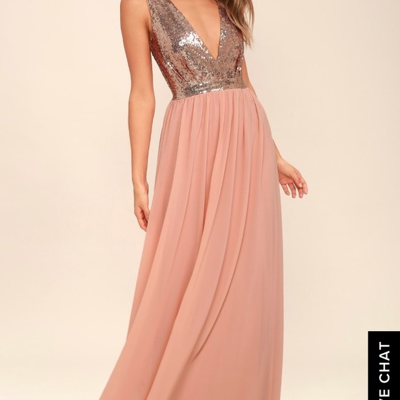 elegant encounter rose gold sequin maxi dress Lulu's NWT Elegant Encounter Rose Gold Sequin Maxi Dress Women's Small